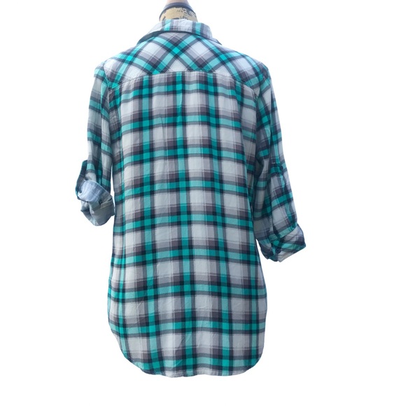 BONGO Green White Plaid 3/4 Pin Up Sleeve Button Up Shirt Sz L - Picture 5 of 10